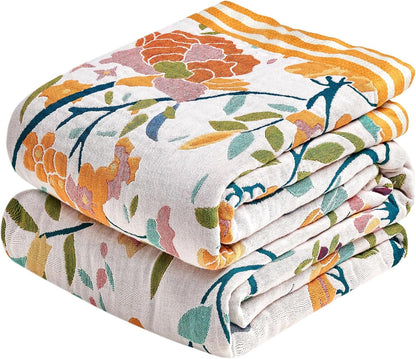 Boho Throw Blanket - 100% Cotton Soft Summer Throw Blanket for Bed, 50"x60" Reversible Breathable Lightweight Blankets, All Seasons Farmhouse Decor Floral Plant Butterfly Throw Quilt
