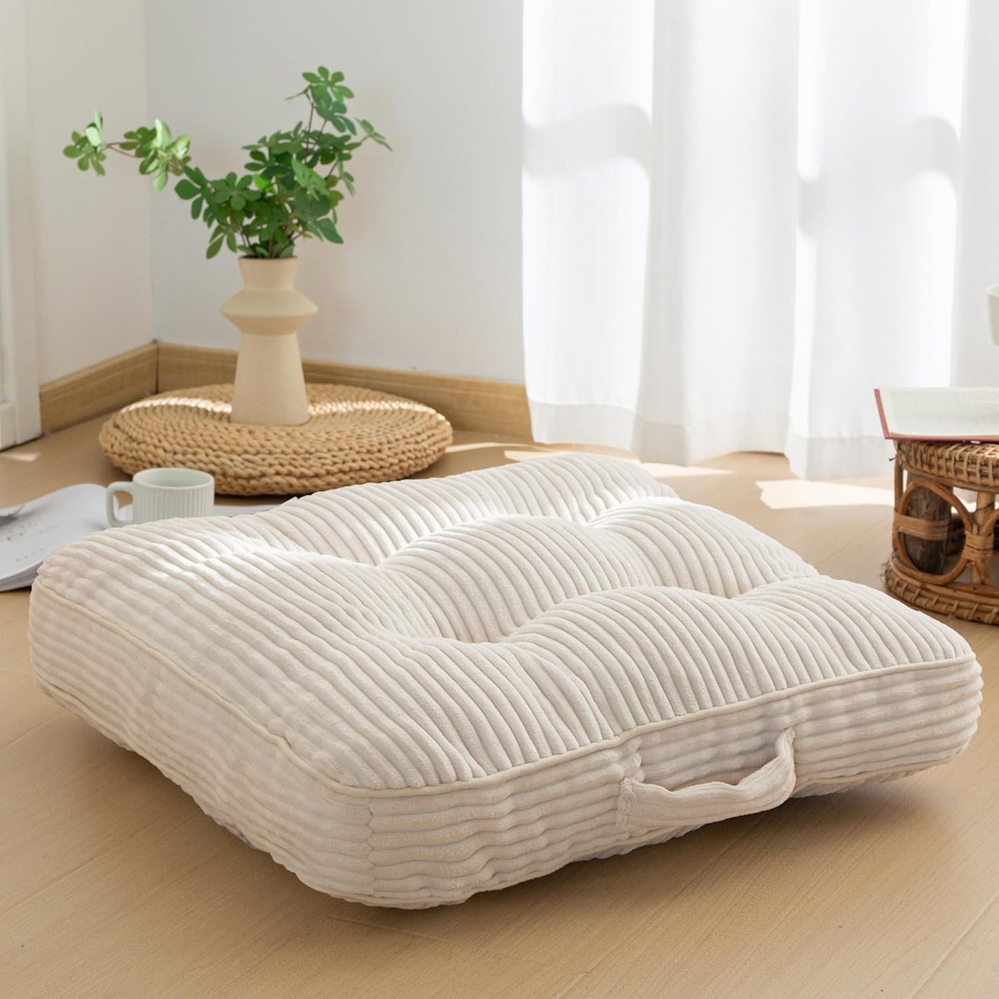 HIGOGOGO Floor Pillow Cushion for Adults, Meditation Cushion Pillow, Large Square Floor Sitting, Tufted Corduroy Cover, for Tatami Living Room or Yoga, 22x22 Inch, Dark Grey