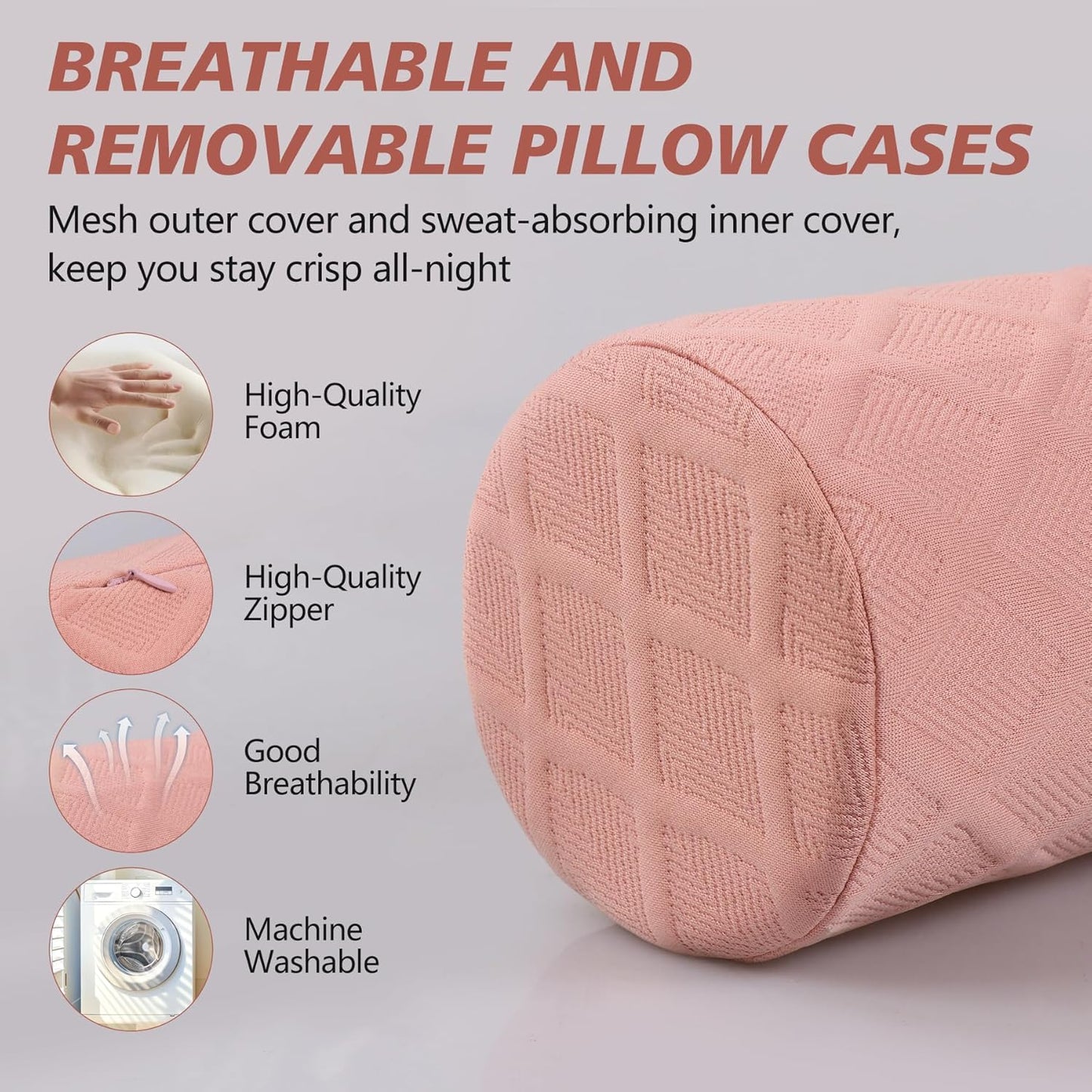Cozyhealth Cervical Roll Pillow, Medium Soft Memory Foam Neck Round Pillow Cylinder Bolster Pillow for Sleeping, Round Neck Support for Bed, Legs, Back and Yoga (White, Large - 4.7" H)
