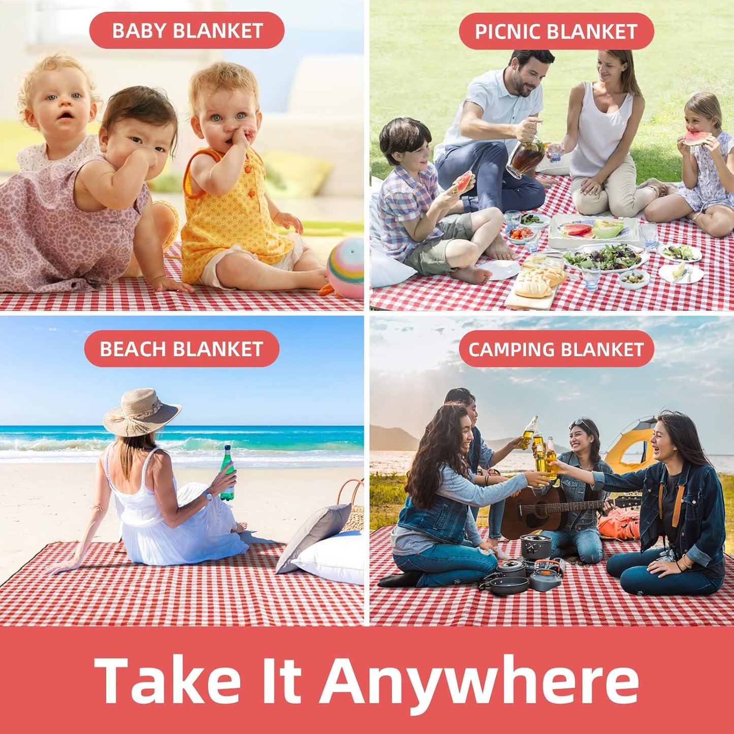 ZAZE Extra Large Picnic Outdoor Blanket, 80''x80'' Waterproof Foldable Blankets Gingham Picnic Mat for Beach, Camping Grass Lawn Park Accessories Cute Couple Gifts Ideas Wedding Registry(Green White)