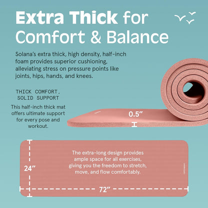 Retrospec Solana Yoga Mat Thick 1/2in Non-Slip Workout Mat with Nylon Strap - 72x24in Exercise Mat for Pilates, Stretching & Fitness - BPA Free, Easy Clean