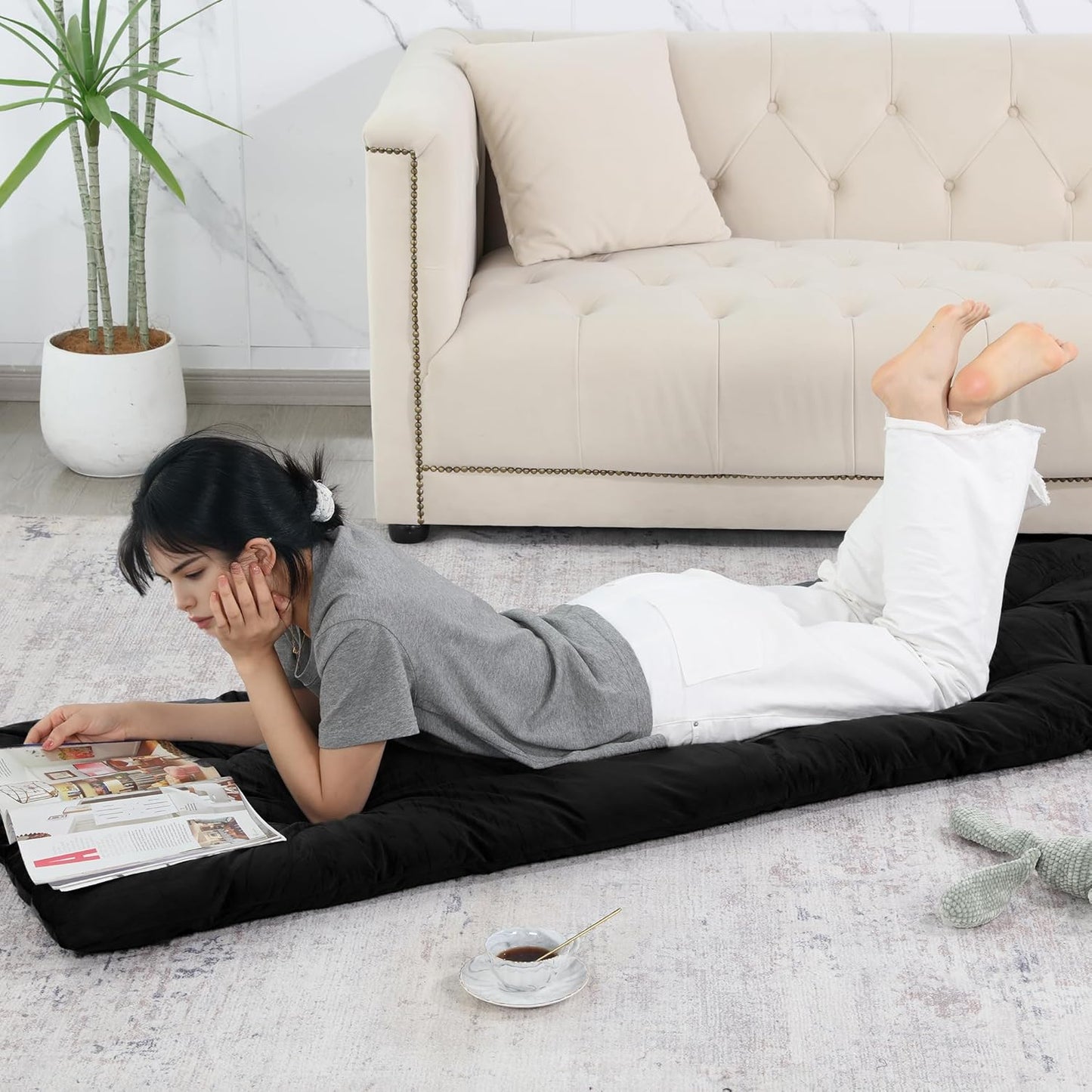 HOMBYS Floor Lounger Pillow Foldable and Tufted Design Long Floor Cushion for Yoga, Reading, Sleeping, Meditation, Elastic Band for Roll Up and Easy Storage, Machine Washable, Dark Grey, 74"x27"