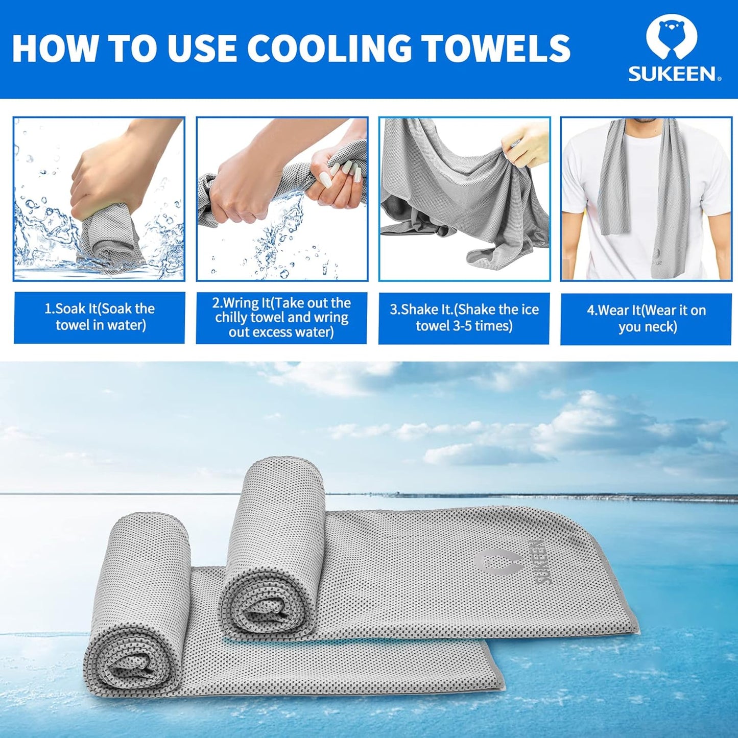 Sukeen [4 Pack Cooling Towel (40"x12"), Soft Breathable Chilly Microfiber Towel for Yoga,Sport,Running,Gym,Workout,Camping,Fitness,Workout & More Activities