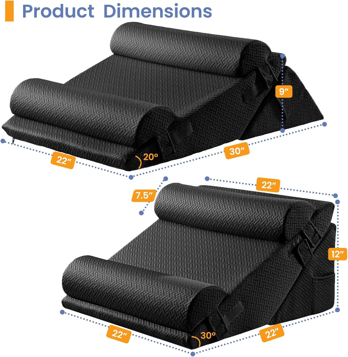 Sasttie Wedge Pillow Set for After Surgery, 2PCS Adjustable Bed Wedge Pillow Headboard with Memory Foam Neck Cushion – for Acid Reflux, Sleeping, Neck & Back Support, Dark Grey