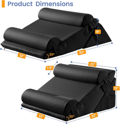 Sasttie Wedge Pillow Set for After Surgery, 2PCS Adjustable Bed Wedge Pillow Headboard with Memory Foam Neck Cushion – for Acid Reflux, Sleeping, Neck & Back Support, Dark Grey
