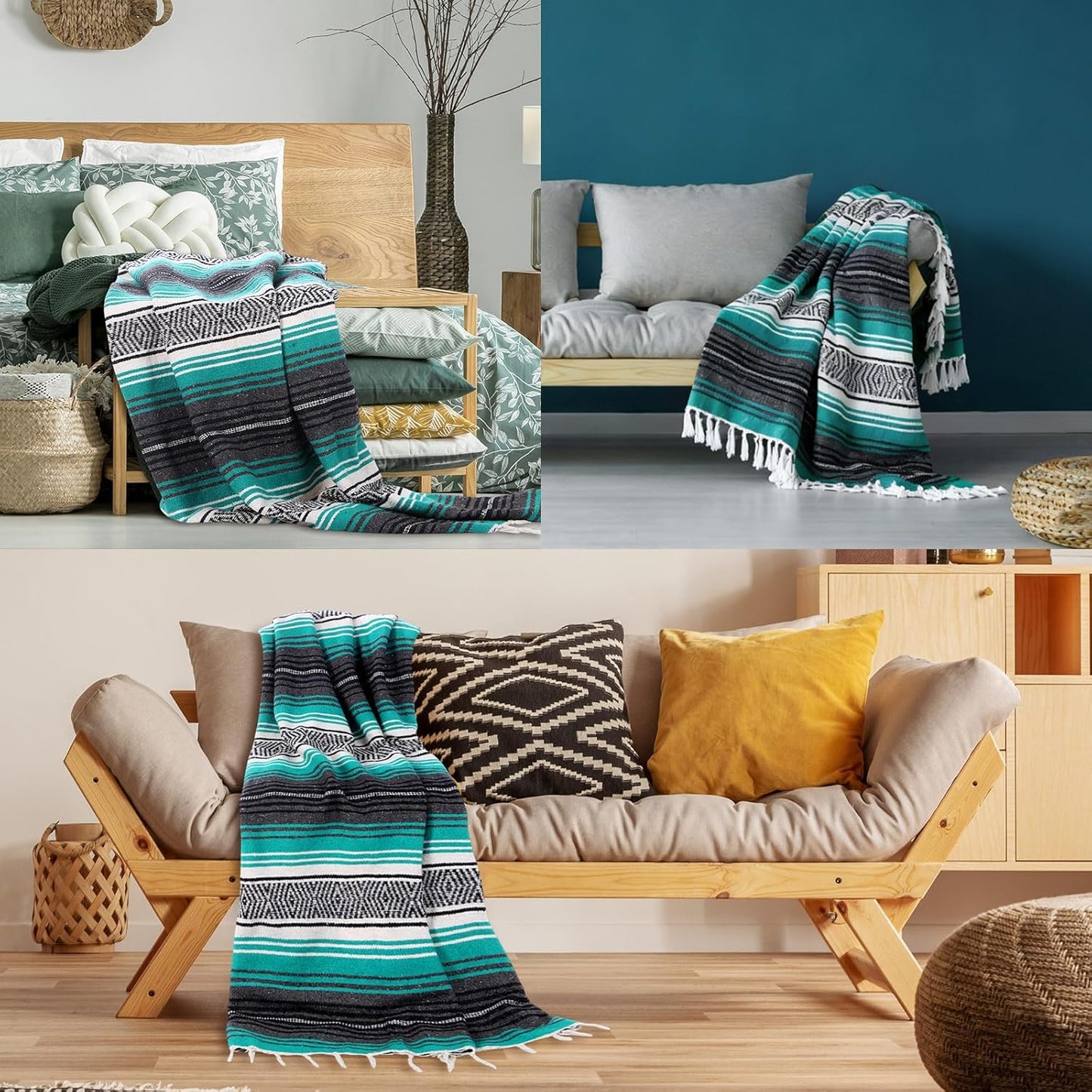 Oudain Mexican Blanket Woven Authentic Cotton Falsa Throw 45 x 70 Inch – Authentic Baja Serape Saddle Blanket Outdoor for Restorative Yoga, Beach, Picnic, Couch, Car Travel(Coastal Calm)