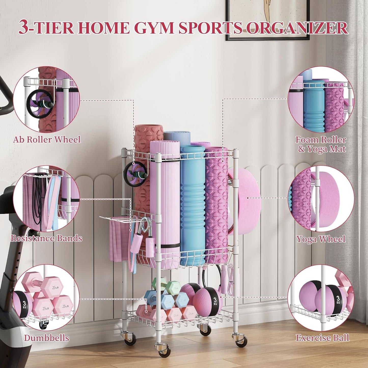 VOPEAK Home Gym Storage Rack with Wheels, Yoga Mat Storage Organizer for Kettlebells, Dumbbells, Resistance Bands, Space Saving 3-Tier Weight Rack for Home Gym, Garage, Easy to Install