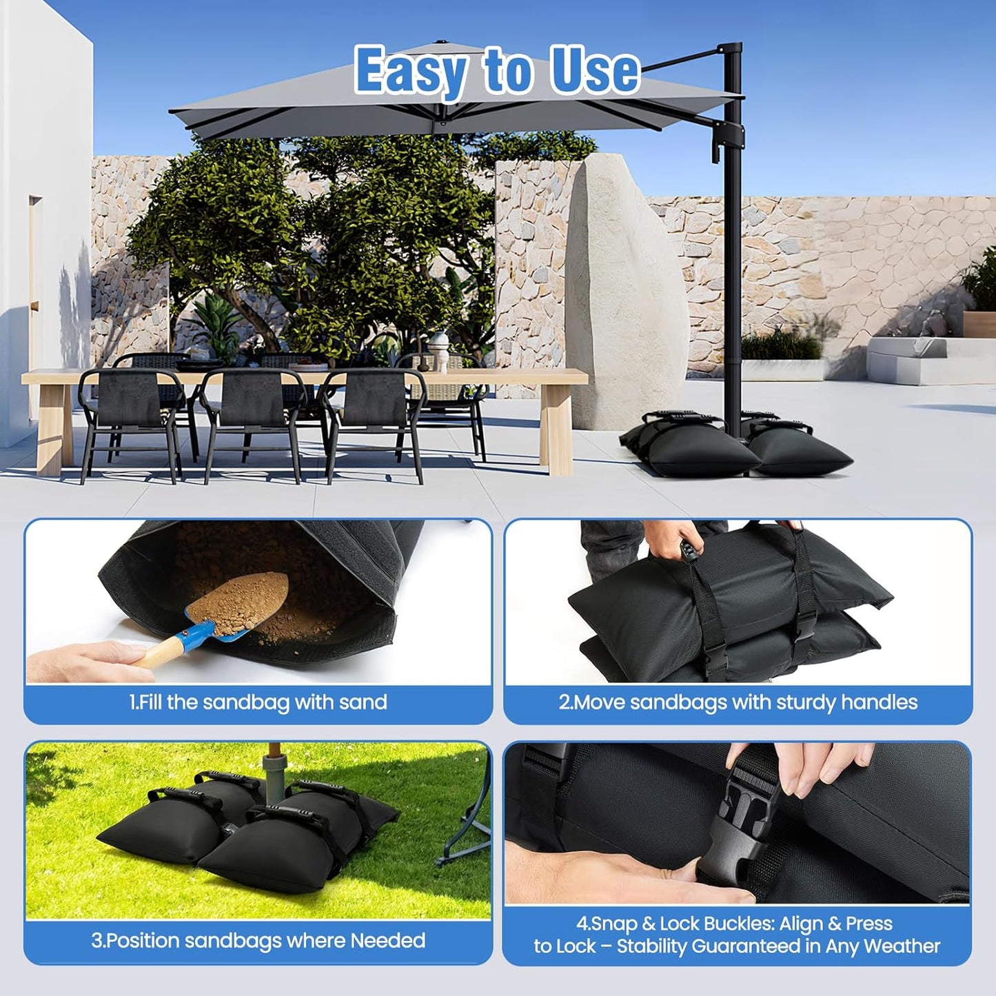 Sand Bags for Weight, 4-Pack 50LBS Heavy-Duty Fillable Sandbags for Weight to Hold Down Umbrella Base, Patio & Cantilever Umbrella Stands, Outdoor Furniture(Without Sand)(4, Medium)