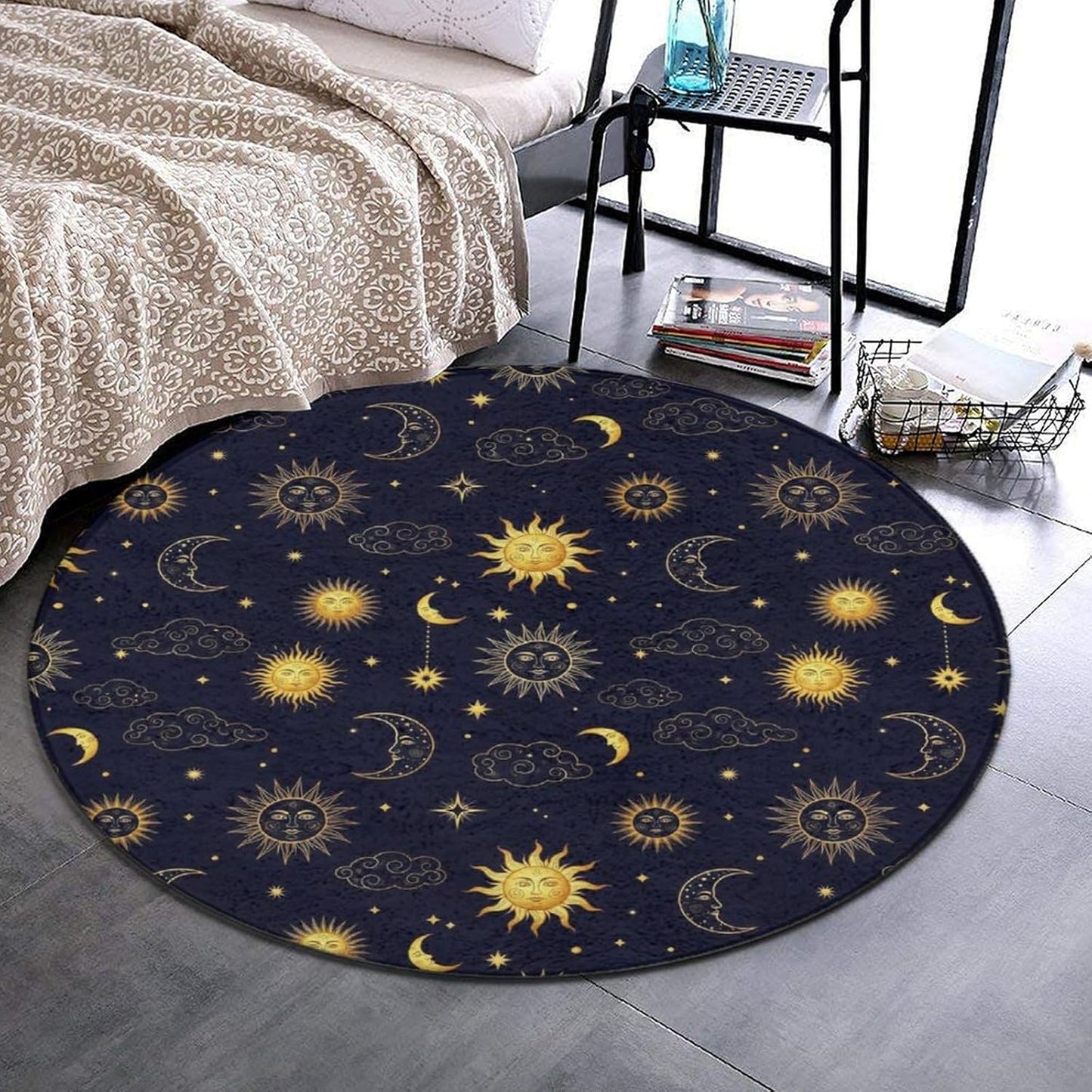 Soft Round Yoga Carpet, Large Home Decor Mat, Non-Slip Machine Washable Kitchen Office Circle Rug Compatible with Cool Norse Viking Vegvisir Runic Compass