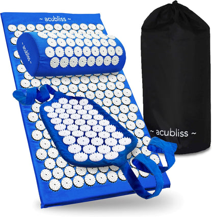 Premium Acupressure Mat, Strap & Pillow 3 piece Gift Set, 12,348 Acupuncture Pressure Points for Back Pain Relief, Increased Energy, Relaxation, Drawstring Bag, Deep Blue