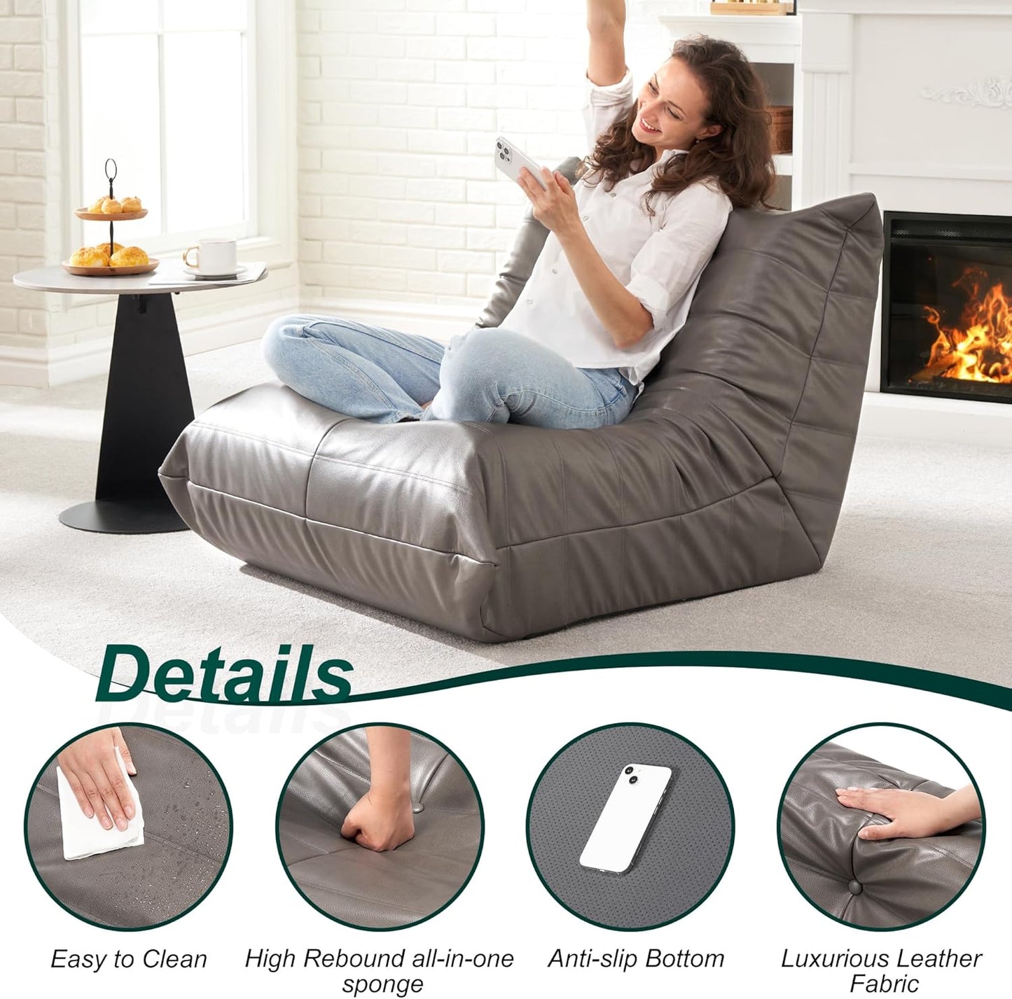 Hobestluk Giant Bean Bag Chair Lazy Floor Sofa, Memory Foam Fireside Sofa for Adults, Big Beanbag Faux Leather Armless Chair for Living Room Bedroom Dorm Office (Brown, Single)