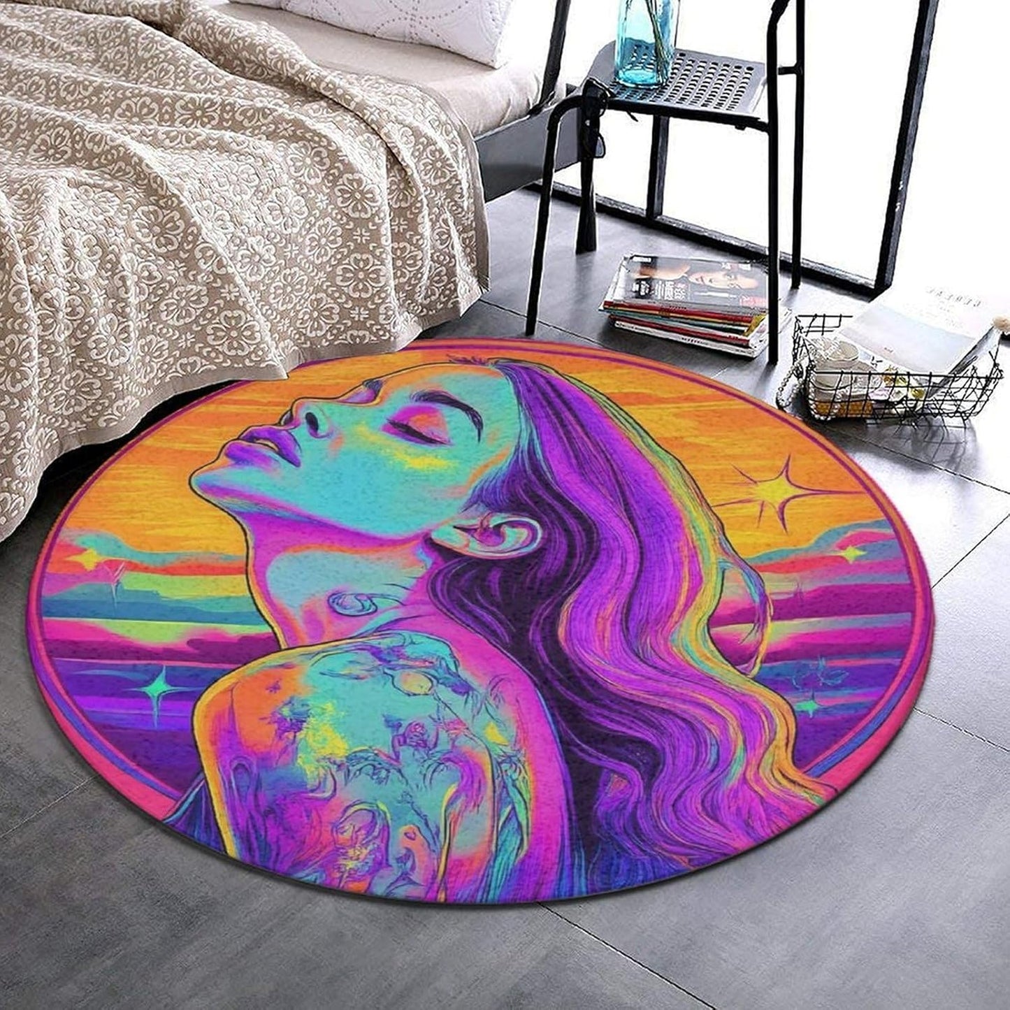 Machine Washable Modern Round Area Rug, Room Sofa Yoga Soft Round Carpet, Home Decor Non Slip Kitchen Office Circle Rug Union Jack Flag UK Mandala Art, 60inch