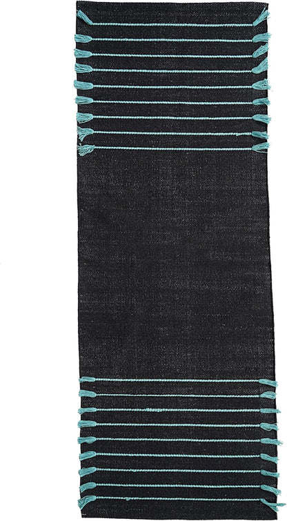 Indian Handmade 100% Organic Cotton Yoga Mat, Hand Woven Rug, Thick Yoga Mat For Everyday Fitness at Home Comfortable Foldable Long Mat 72 x 24 Inches, Balck & Turquoise