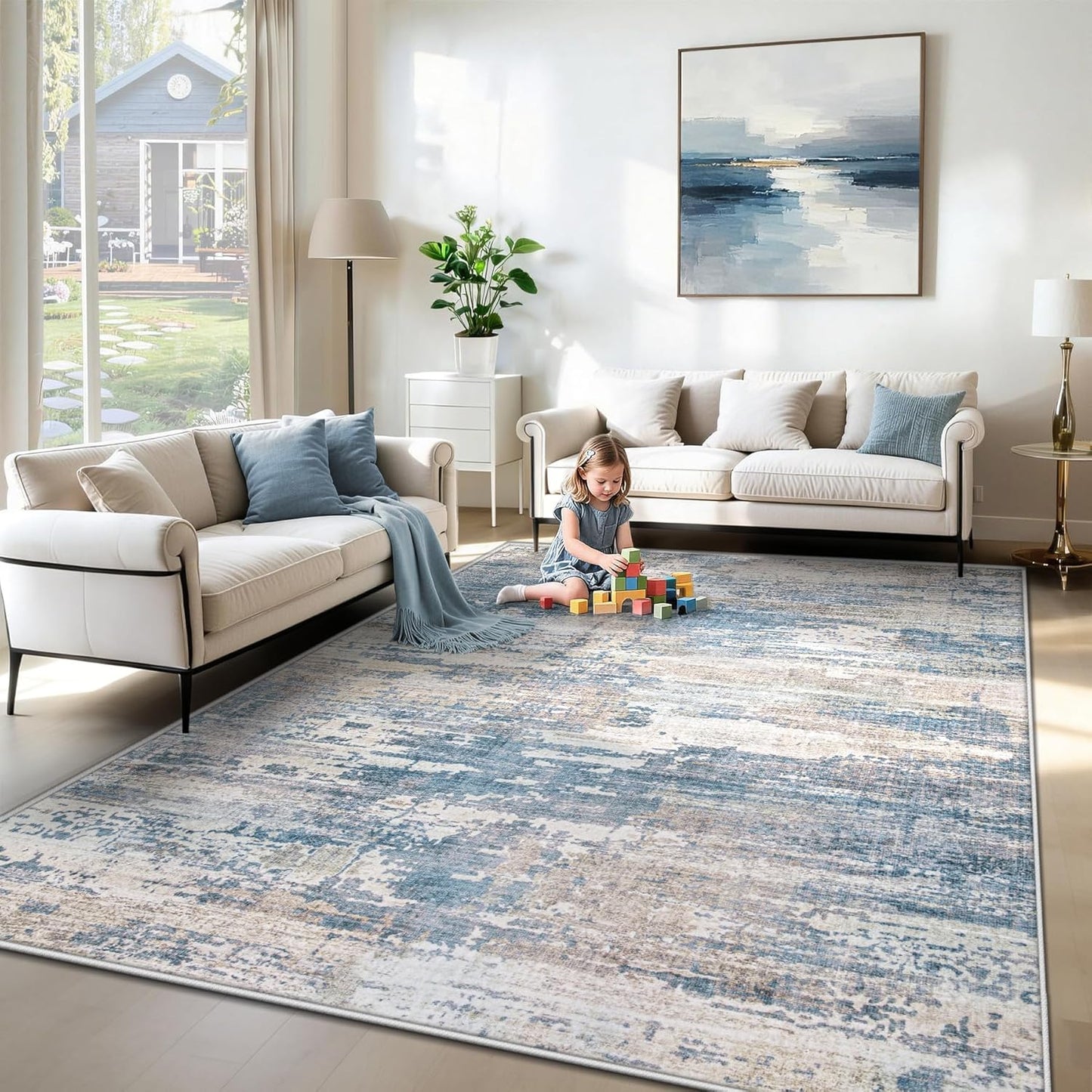 XLUEZ 8x10 Area Rugs for Living Room, Washable Modern Abstract Large Area Rug Neutral Soft Non Slip Kids Rug Stain Resistant Indoor Carpet for Bedroom Nursery Dining Children's Room(Blue, 8'x10')