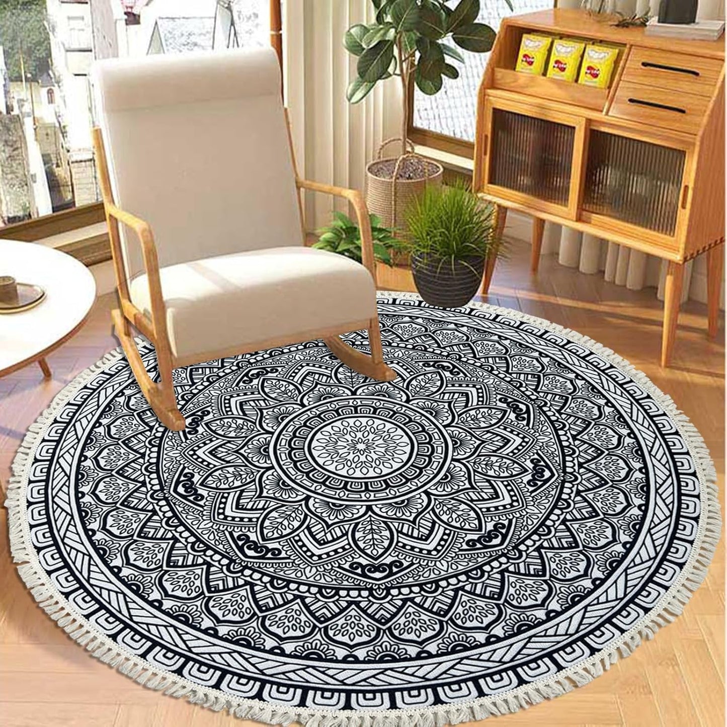 Boho Rug 5Ft Round Bedroom Carpet Circle Nonslip Farmhouse Area Rug Rustic Mandala Floor Mat for Living Room Locker Room Tassel Yoga Throw Rugs Washable Doormat, Purple