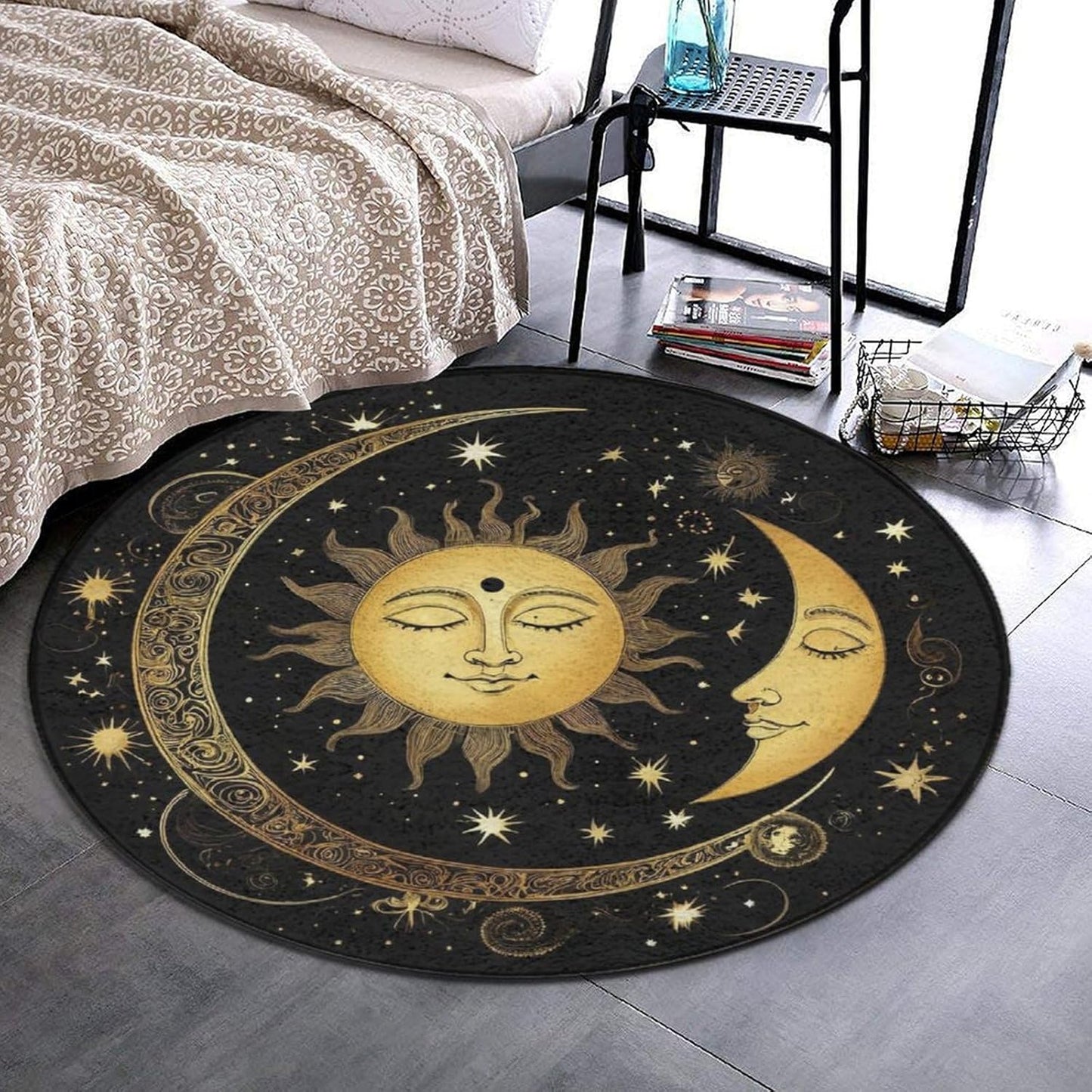Soft Round Yoga Carpet, Large Home Decor Mat, Non-Slip Machine Washable Kitchen Office Circle Rug Compatible with Cool Norse Viking Vegvisir Runic Compass