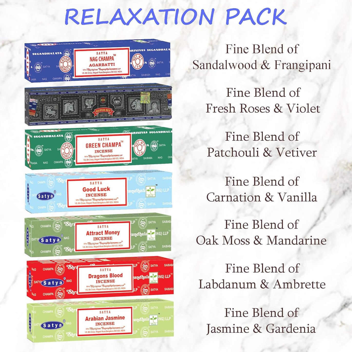 Satya Incense Gift Set Nag Champa, Super hit, Dragon's Blood, Sandalwood, Patchouli, Lavender, Positive Vibes, 15 g