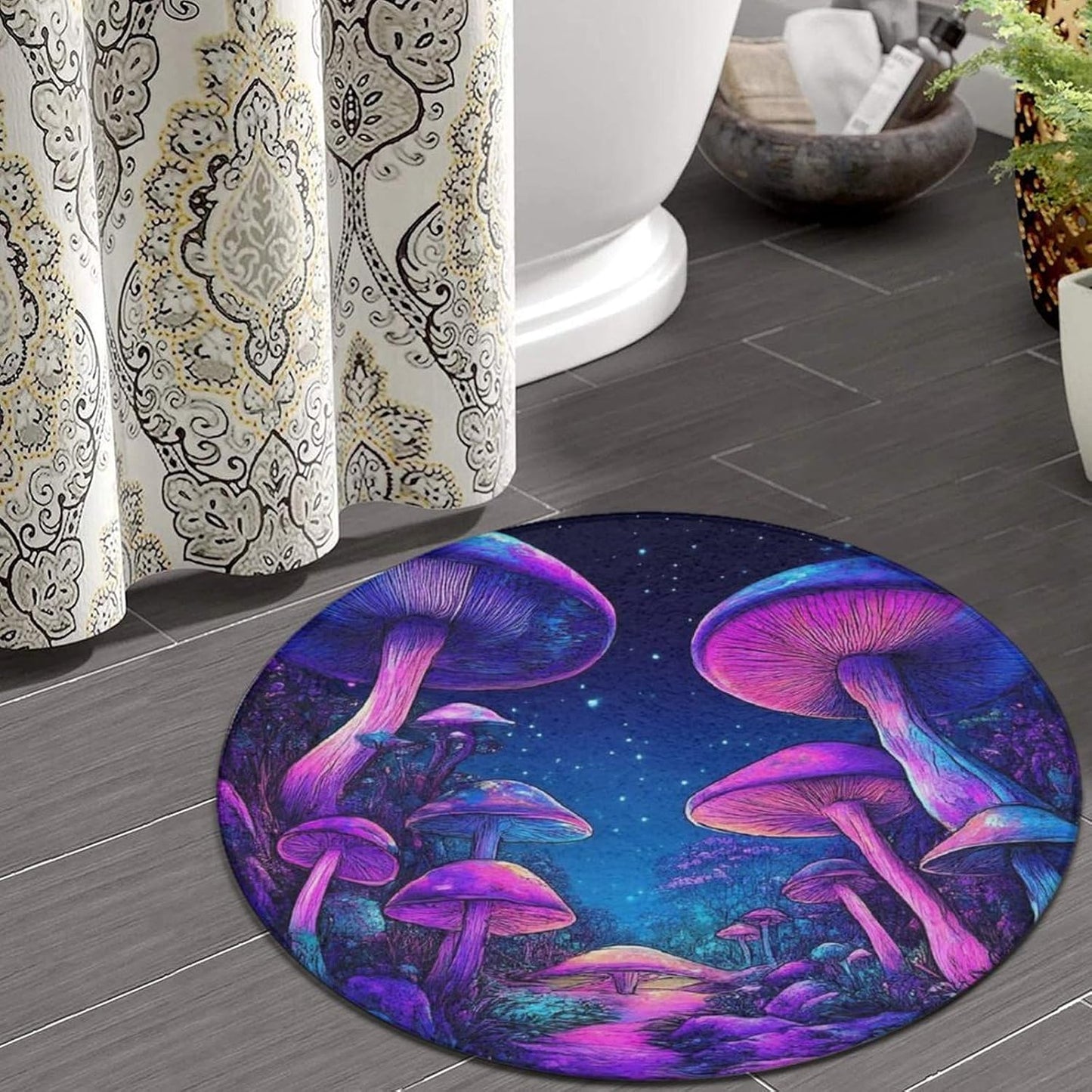 Machine Washable Modern Round Area Rug, Room Sofa Yoga Soft Round Carpet, Home Decor Non Slip Kitchen Office Circle Rug Trippy Rainbow Mushroom Tie Dye Art, 60inch