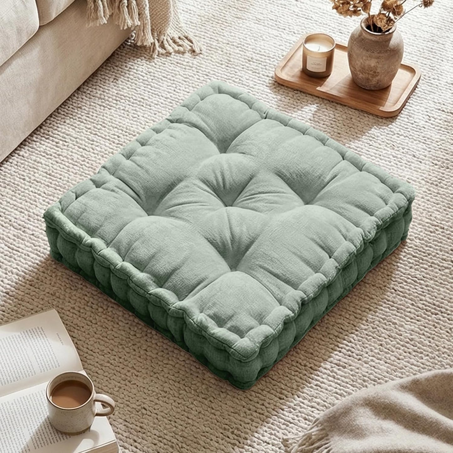 Intelligent Design Large Floor Pillow for Adults Yoga or Meditation Cushion with Handle, Floor Cushion for Board Games, Lustrous Chenille Tufted, Handsewn Scalloped Edge, Azza, 24" x 24" x 5" Yellow