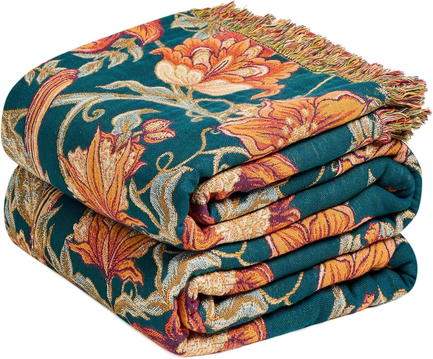 Boho Throw Blanket - 100% Cotton Soft Summer Throw Blanket for Bed, 50"x60" Reversible Breathable Lightweight Blankets, All Seasons Farmhouse Decor Floral Plant Butterfly Throw Quilt