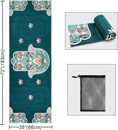 Yoga Mat Towel with Corner Pockets - Microfiber Yoga Towels for Hot Yoga Non Slip Moisture Wicking Sweat Absorbent, Tree of Life Yoga Towel Easy for Travel, Use in Hot Yoga,Bikram,Pilates and Fitness