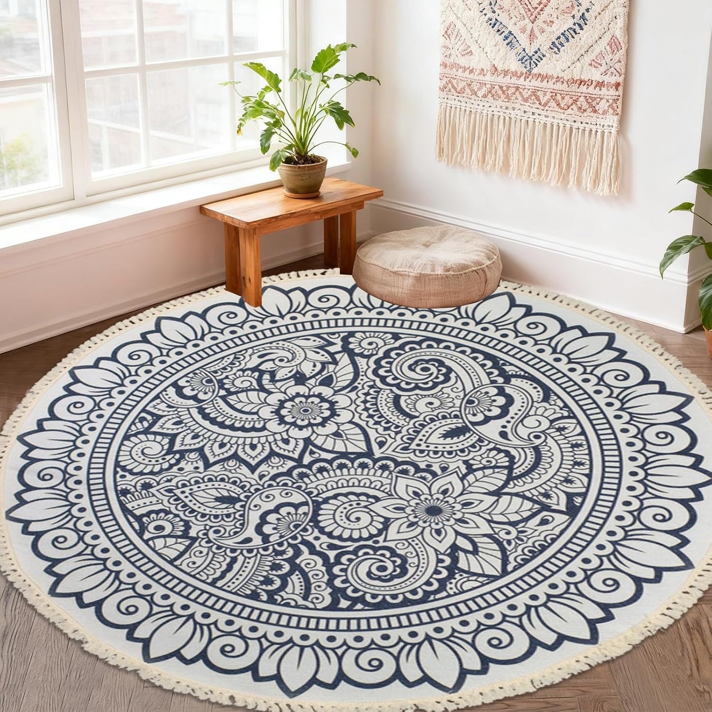 Boho Rug 5Ft Round Bedroom Carpet Circle Nonslip Farmhouse Area Rug Rustic Mandala Floor Mat for Living Room Locker Room Tassel Yoga Throw Rugs Washable Doormat, Purple