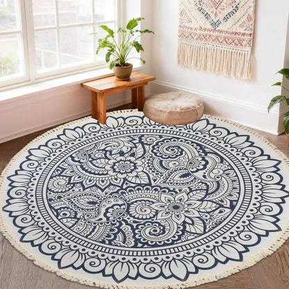 Boho Rug 5Ft Round Bedroom Carpet Circle Nonslip Farmhouse Area Rug Rustic Mandala Floor Mat for Living Room Locker Room Tassel Yoga Throw Rugs Washable Doormat, Purple