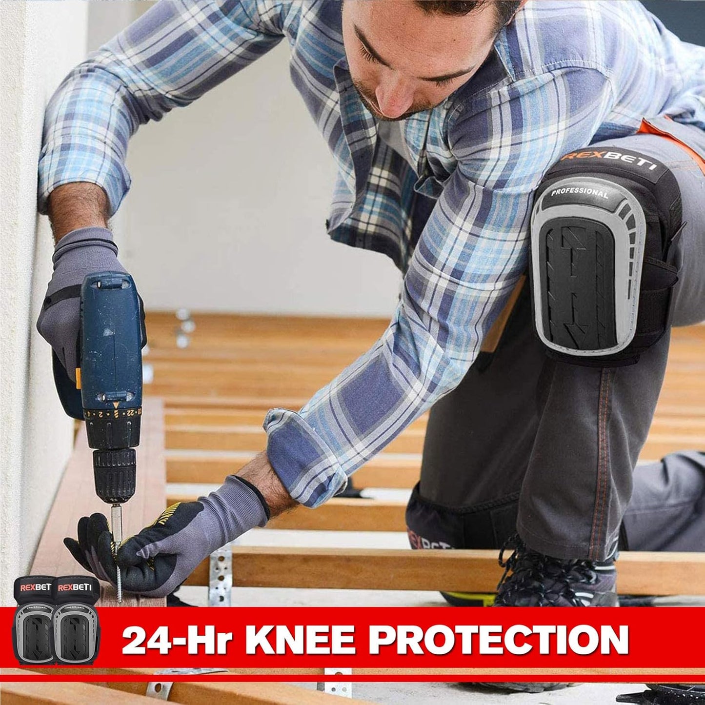 REXBETI Knee Pads for Work, Construction Knee Pads for Men, Heavy Duty Comfortable Anti-slip Foam Gel Knee Pads for Gardening Flooring and Cleaning, Strong Stretchable Straps, Orange