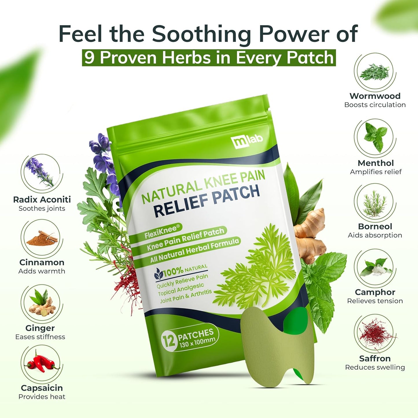 FLexiknee Warming Herbal Pain Patches for Knees w/ 12-Hour Extra Strength & Adhesion - Bone-on-Bone, Joint Ache, Muscle Soreness Support - 12 Heat Patches for Pain Relief for Knees, Back & Neck