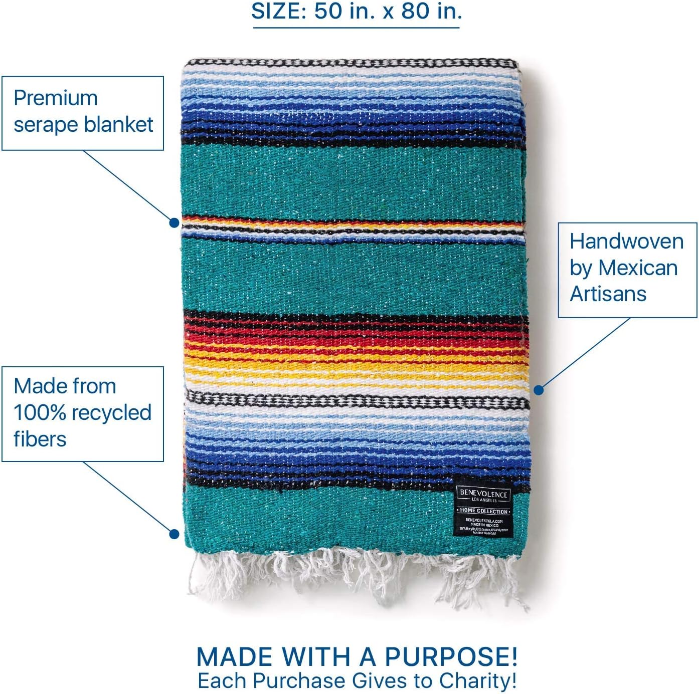 Benevolence LA Mexican Blanket, Authentic Handwoven Yoga Blanket & Outdoor Blanket, Made by Traditional Mexican Artisans, Saddle Blanket, Beach Blanket, Picnic Blanket, & Car Blanket 75 x 52 - Agua