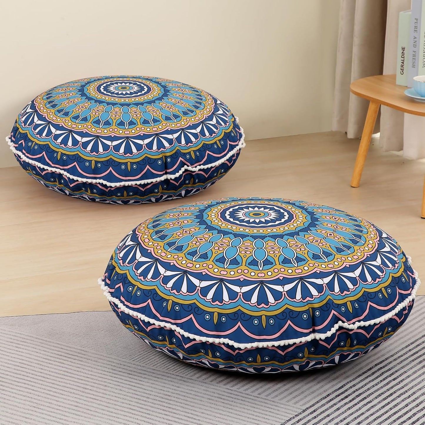 LOVMOC 32 Inch Round Floor Pillow for Adults, Large Thick Memory Foam Boho Mandala Meditation Floor Seating Cushion, Machine Washable for Living Room Outdoor Yoga Floor Sitting, Navy Blue