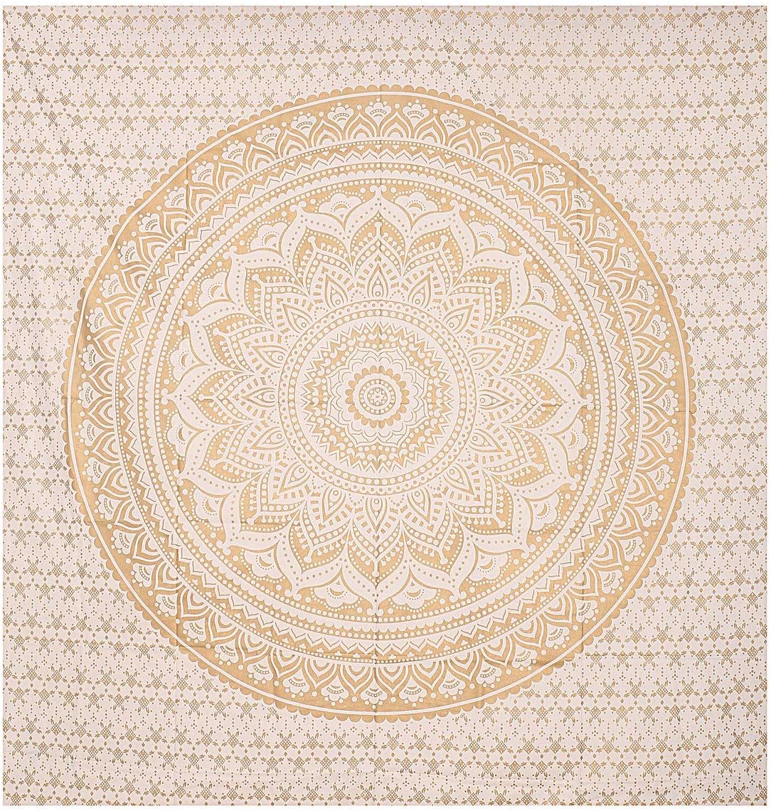 THE ART BOX Original Gold Tapestry Wall Hanging Mandala – Cotton Throw Tapestry – Boho Bedding White and Gold Medium Bedspread 54x60 Inches – Meditation & Yoga Rug Mat