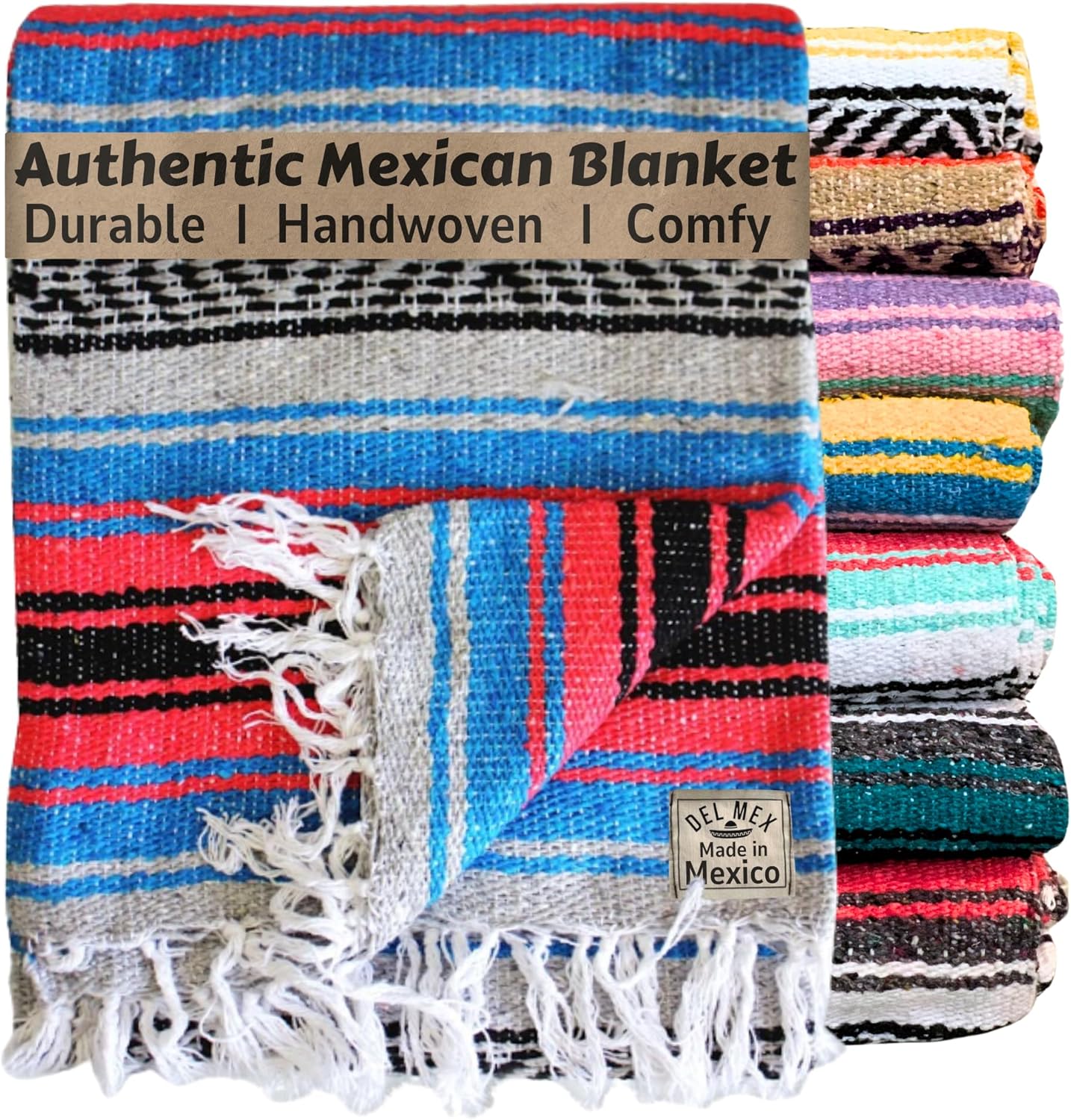 Del Mex Classic Mexican Blanket, Large Authentic Woven Falsa Throw (70"x50"), Artisan Southwest Décor for Beach, Yoga, Outdoors (Lavender)