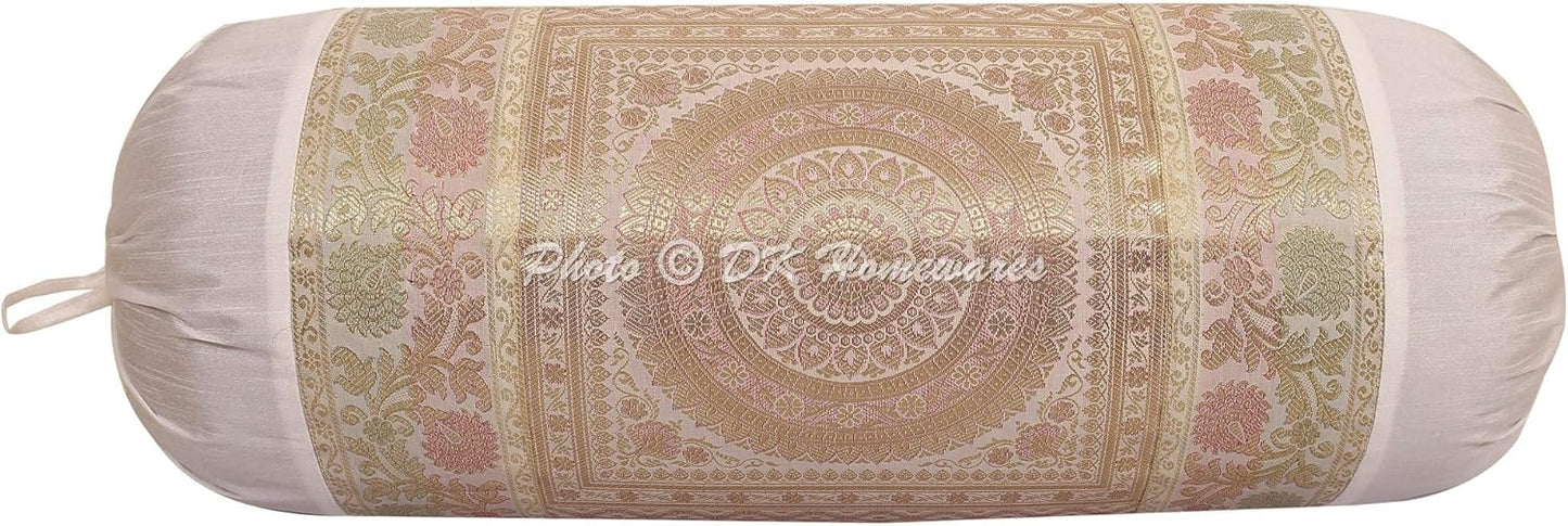 Indian Jacquard Brocade Silk Bolster Yoga Rectangular Pillowcase Cover Mandala White Tubular Home Decor Living Room Cylindrical Hotdog Traditional Throw Cushion Cover 76x38 cm - 1 Pc