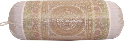 Indian Jacquard Brocade Silk Bolster Yoga Rectangular Pillowcase Cover Mandala White Tubular Home Decor Living Room Cylindrical Hotdog Traditional Throw Cushion Cover 76x38 cm - 1 Pc