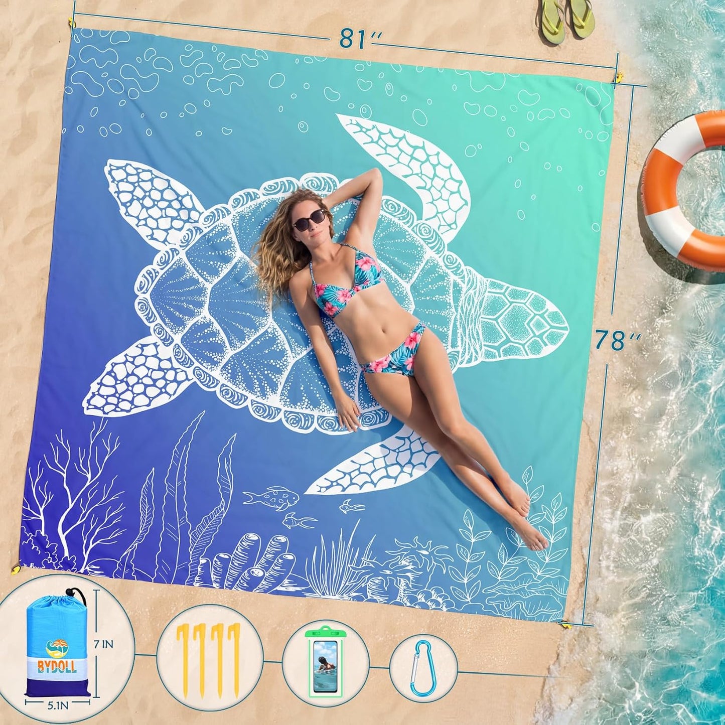 BYDOLL Beach Blanket Waterproof Sandproof Large Sand Free,78''X81''/10'X9' Oversized Sandless Lightweight Blanket Picnic Mat for Beach Travel Camping Hiking with Stakes