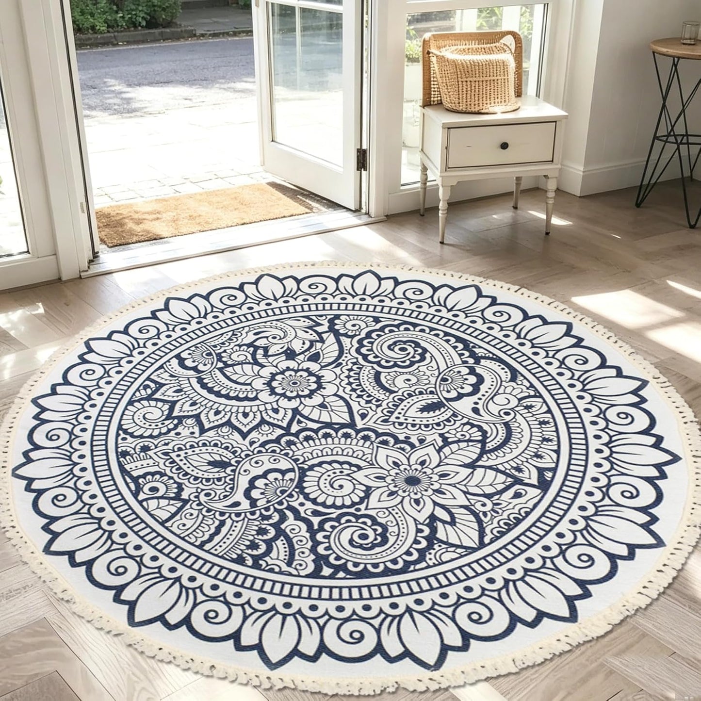 Boho Rug 5Ft Round Bedroom Carpet Circle Nonslip Farmhouse Area Rug Rustic Mandala Floor Mat for Living Room Locker Room Tassel Yoga Throw Rugs Washable Doormat, Purple