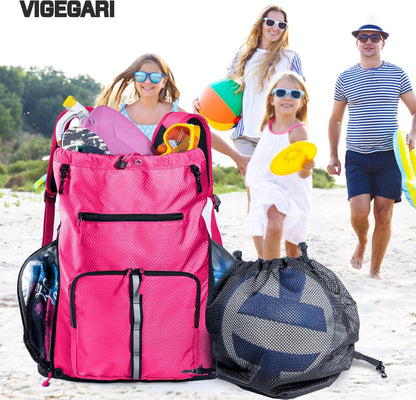 Large Beach Backpack Waterproof Sandproof - Customized Oversized Drawstring Pool Bag with Shoe Compartment for Toiletries, Towels, Gym, Travel