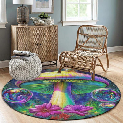 Machine Washable Modern Round Area Rug, Room Sofa Yoga Soft Round Carpet, Home Decor Non Slip Kitchen Office Circle Rug Trippy Rainbow Mushroom Tie Dye Art, 60inch