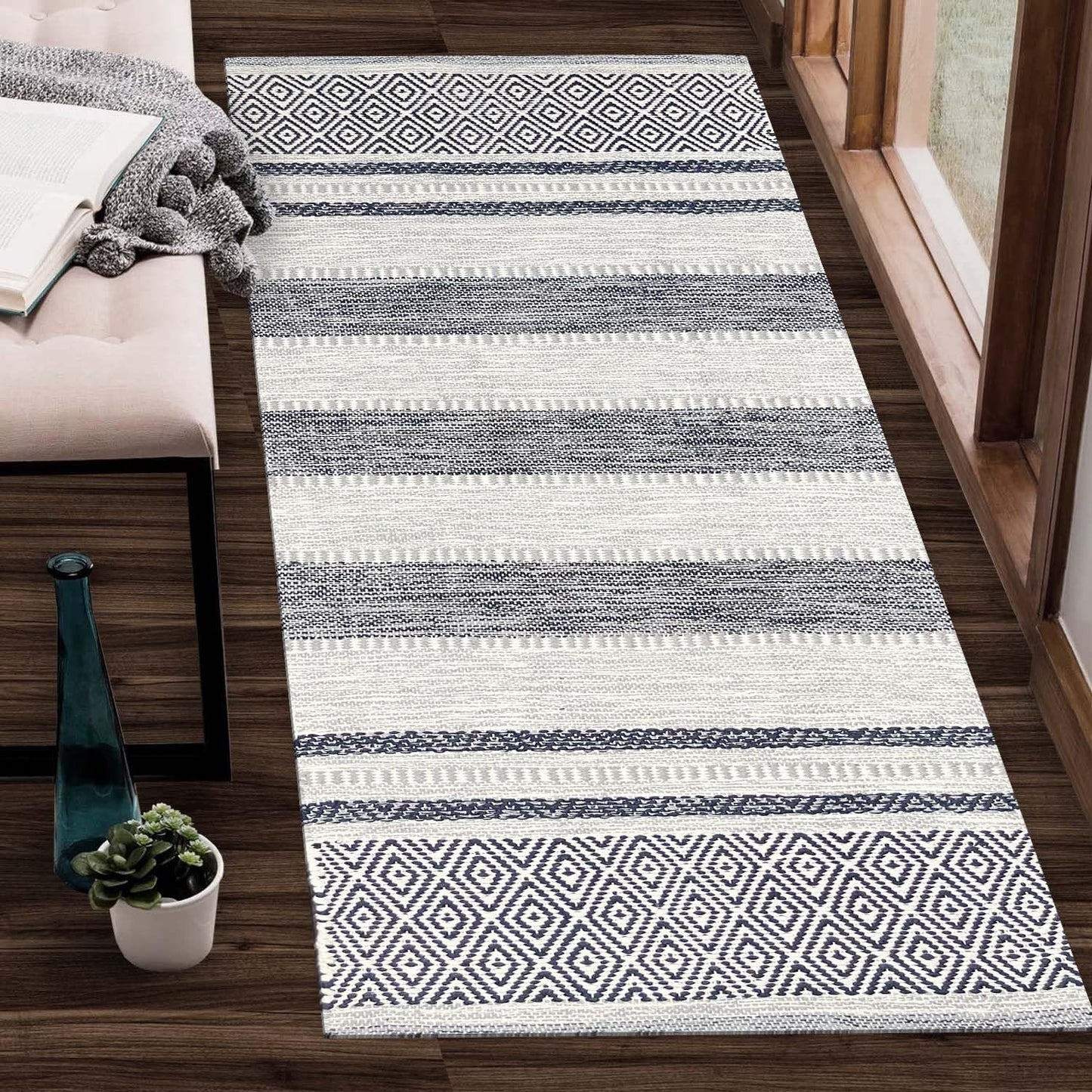 Chardin home Farmhouse Rug 24''x36'' Black-White | Recycled Cotton Hand Woven Rug, Long Boho Rug | Perfect for Hallways, Kitchens, Bathroom, bedrooms, Meditation Yoga Mat | Machine Wash