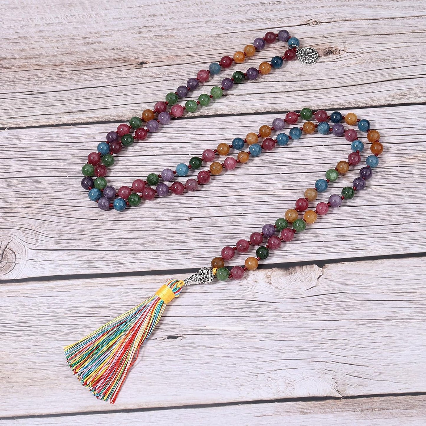 108 Mala Beads Necklace Semi-Precious Gem Stones Meditation Necklace 108 Hand Knotted Japa Mala Beaded Tassel Necklace with Tree of Life Pendant
