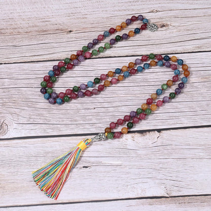 108 Mala Beads Necklace Semi-Precious Gem Stones Meditation Necklace 108 Hand Knotted Japa Mala Beaded Tassel Necklace with Tree of Life Pendant