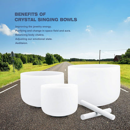 RYAN DVAN Crystal Singing Bowl Set of 3, 7"B 9"F 11"D with Case Suede Striker & O-Ring Sound Therapy for Yoga, Reiki, Chakra Healing Energy Tuning & Mindfulness Kit