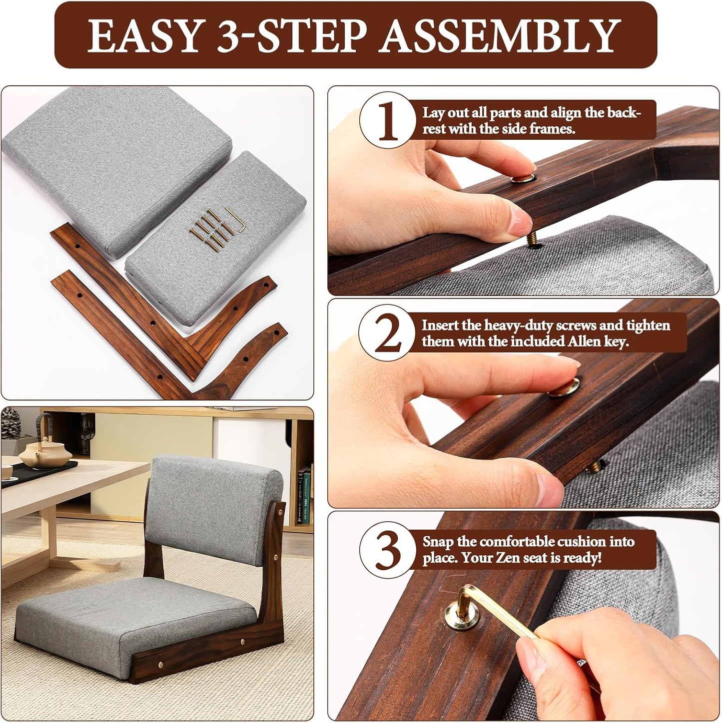 Geetery 2 Pack Tatami Chairs with Back Support & Cushion, Japanese Floor Chair, Walnut Meditation Seat Floor Seating for Balcony, Bay Window, Living Room, Bedroom