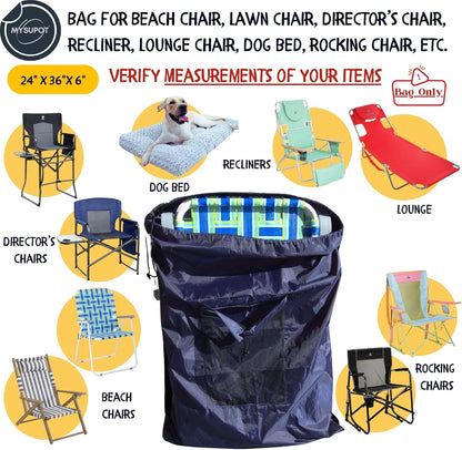BLACK (Large 36"x24"x6") Beach Chair Bag. For Tent, Camping Mattress, Recliner, Dog Bed, Director & Lounge Chair, Booster Seat, Laundry. Light Duty 420D Polyester w/Adjustable Straps.
