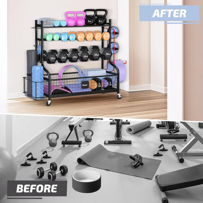 PLKOW Dumbbell Rack, Weight Rack for Dumbbells, Home Gym Storage for Dumbbells Kettlebells Yoga Mat and Balls, All in One Workout Storage with Wheels and Hooks, Powder Coated Finish Steel