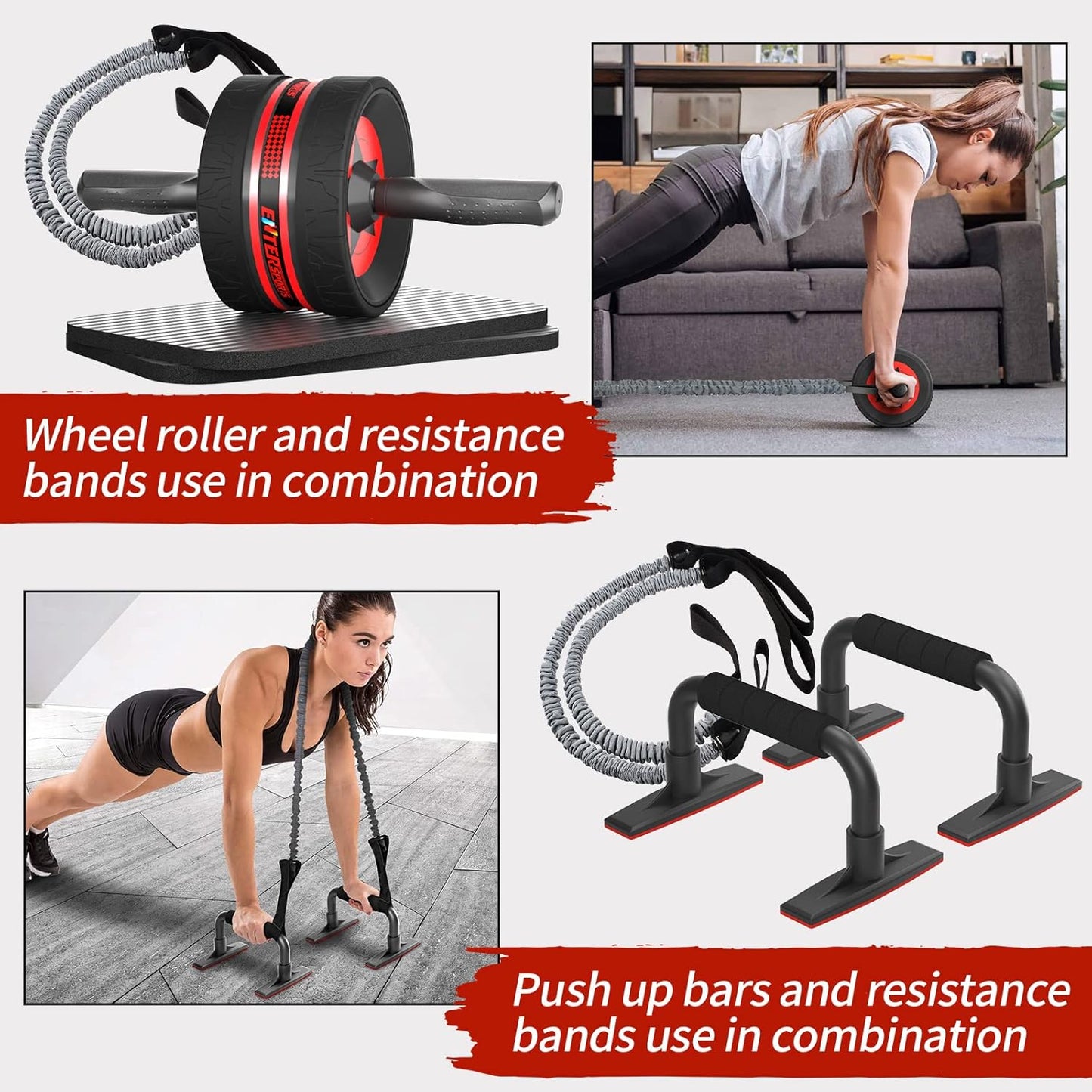EnterSports Ab Rollers Wheel Kit, Exercise Wheel Core Strength Training Abdominal Roller Set with Push Up Bars, Resistance Bands, Knee Mat Home Gym Fitness Equipment for Abs Workout