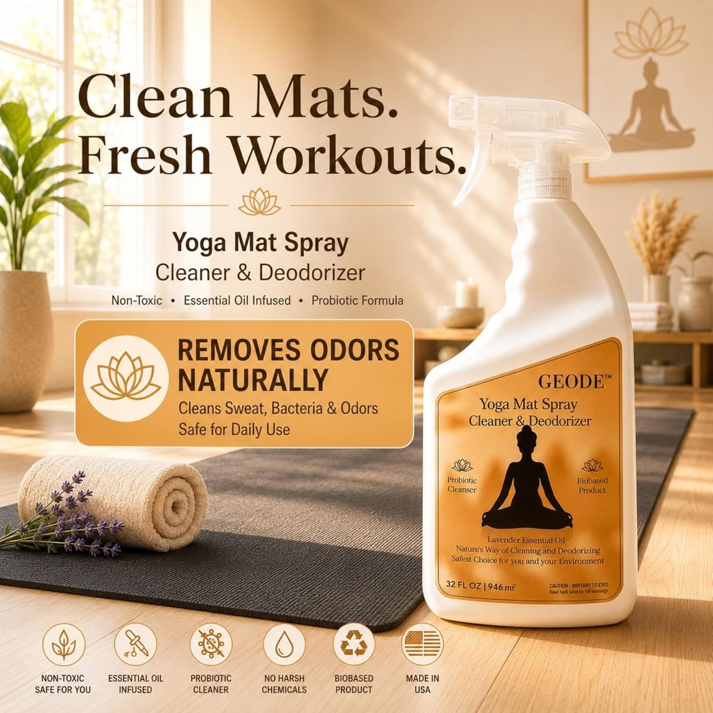 Yoga Mat Cleaner & Deodorizer Spray – Lavender Essential Oil Formula for Yoga Mats, Pilates Reformers & Gym Equipment – Natural No-Residue Workout Mat Cleaner, Non-Toxic Daily Cleaning Spray (32 oz)
