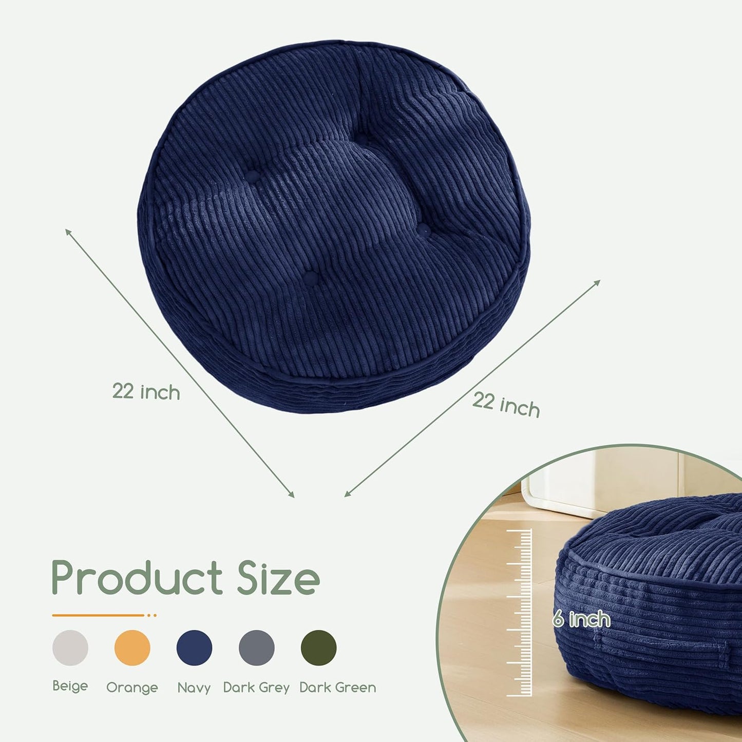 HIGOGOGO Floor Pillow Cushion for Adults, Meditation Cushion Pillow, Large Square Floor Sitting, Tufted Corduroy Cover, for Tatami Living Room or Yoga, 22x22 Inch, Dark Grey