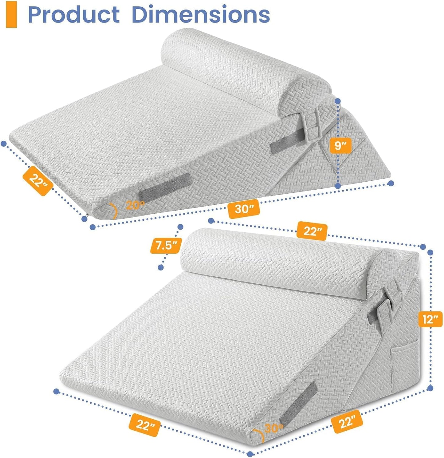 Sasttie Wedge Pillow Set for After Surgery, 2PCS Adjustable Bed Wedge Pillow Headboard with Memory Foam Neck Cushion – for Acid Reflux, Sleeping, Neck & Back Support, Dark Grey